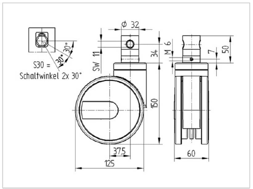 Integral Twin Wheel 125mm Swivel Central Total Lock & Directional Lock (Stem With Cam Hole For Profile Bar) Polyurethane Tread Castor - 125kg Capacity