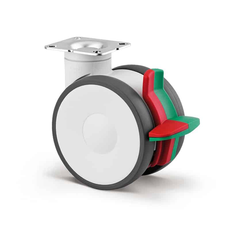594CUAP125P50 Linea 125mm Twin Wheel Swivel Plate Combined Brake & Directional Lock Function White Synthetic Polyurethane Castor