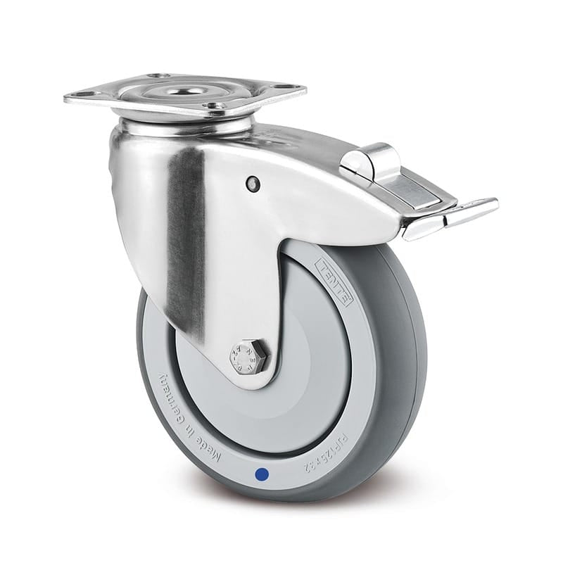 7477PJC150P50 Agila 150mm Stainless Steel Swivel Plate Total Lock Grey Thermoplastic Rubber Castor - 100kg Capacity