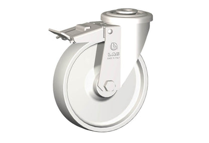 WHEEL P 125X30/40 PLAIN BORE SWIVEL X20 BOLT HOLE 12+BRAKE