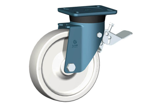 WHEEL P 200X50/60 HEAVY DUTY PLAIN BORE SWIVEL FORK E70 + BRAKE