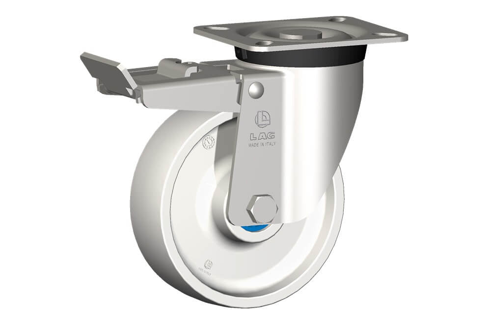 WHEEL P 125X40/50 INOX ROLLER BRGS. INOX SWIVEL FORK X40L + BRAKE