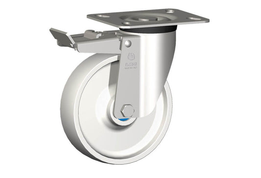 WHEEL P 150X40/50 INOX ROLLER BRGS INOX SWIVEL FORK X40 + BRAKE