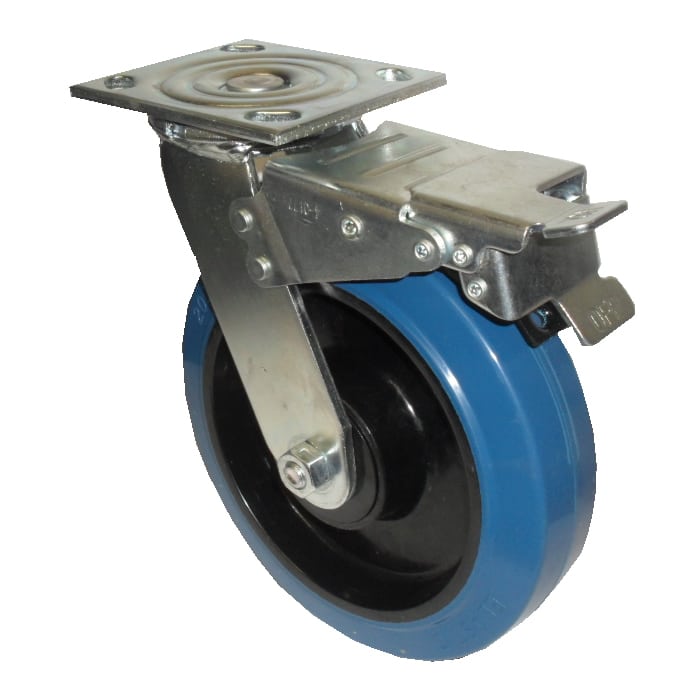 1777BEP200P63 Economy 200mm Swivel ISO Plate Total Lock Blue Elastic Rubber Castor - 400kg Capacity