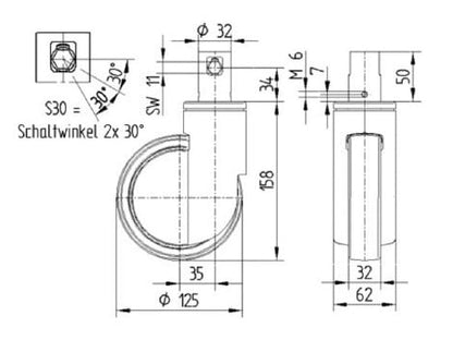 Integral Single Wheel 125mm Swivel Central Total Lock (Stem With Cam Hole For Profile Bar) Polyurethane Tread Castor - 150kg Capacity