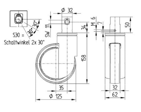 Integral Single Wheel 125mm Swivel Central Total Lock (Stem With Cam Hole For Profile Bar) Polyurethane Tread Castor - 150kg Capacity