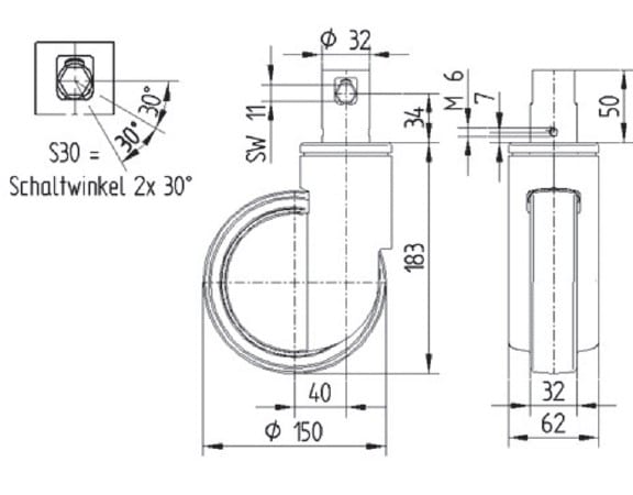 Integral Single Wheel 150mm Swivel Central Total Lock (Stem With Cam Hole For Profile Bar) Polyurethane Tread Castor - 150kg Capacity