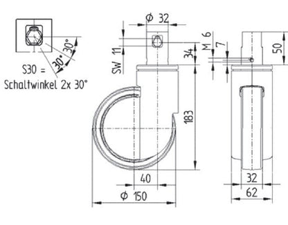 Integral Single Wheel 150mm Swivel Central Total Lock (Stem With Cam Hole For Profile Bar) Polyurethane Tread Castor - 150kg Capacity
