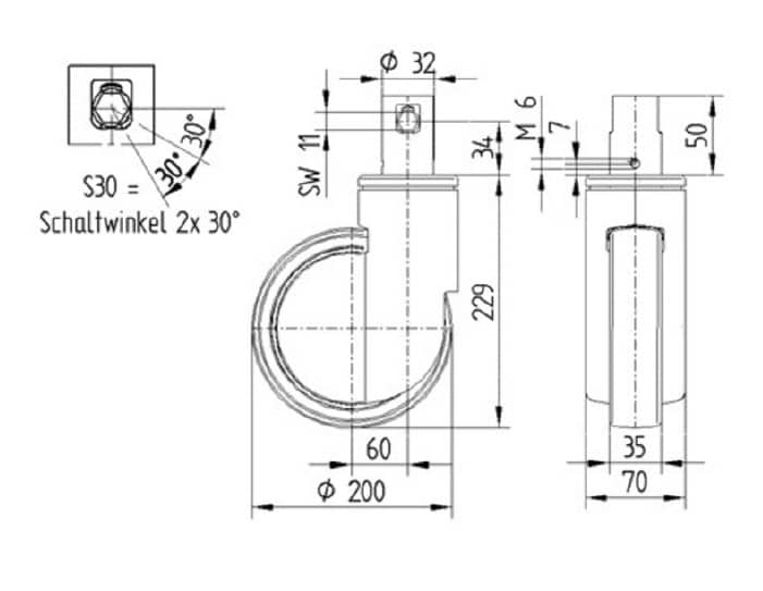 Integral Single Wheel 200mm Swivel Central Total Lock (Stem With Cam Hole For Profile Bar) Polyurethane Tread Castor - 150kg Capacity