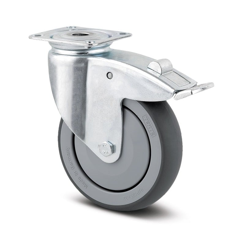 2477PJP100P50 Agila 100mm Swivel Plate Total Lock Grey Thermoplastic Rubber Castor - 100kg Capacity