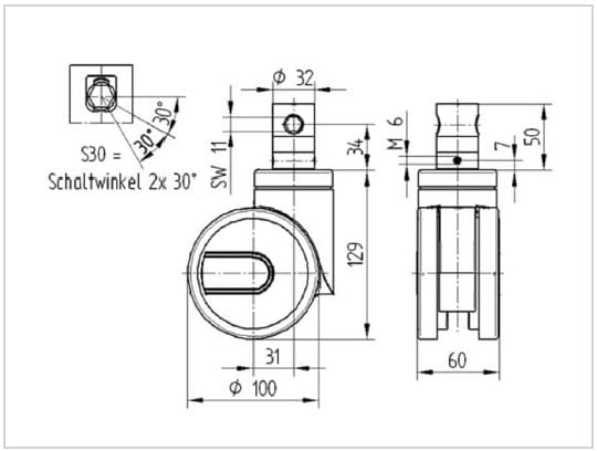Integral Twin Wheel 100mm Swivel Central Total Lock & Directional Lock (Stem With Cam Hole For Profile Bar) Polyurethane Tread Castor - 125kg Capacity