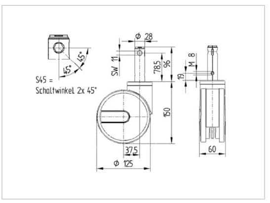 Integral Twin Wheel 125mm Swivel Central Total Lock & Directional Lock (Long Stem With Cam Hole For Profile Bar) Polyurethane Tread Castor - 125kg Capacity