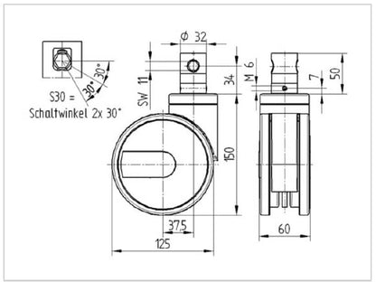 Integral Twin Wheel 125mm Swivel Central Total Lock & Directional Lock (Stem With Cam Hole For Profile Bar) Polyurethane Tread Castor - 125kg Capacity