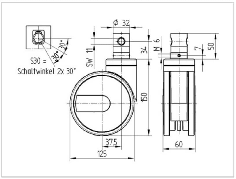 Integral Twin Wheel 125mm Swivel Central Total Lock (Stem With Cam Hole For Profile Bar) Polyurethane Tread Castor - 125kg Capacity