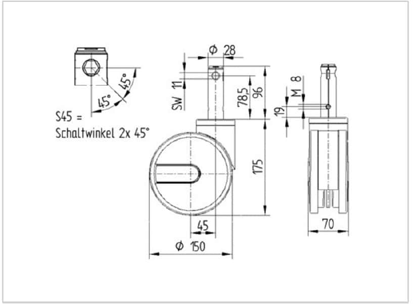 Integral Twin Wheel 150mm Swivel Central Total Lock (Long Stem With Cam Hole For Profile Bar) Polyurethane Tread Castor - 150kg Capacity