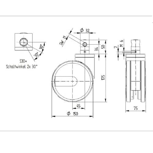 Integral Twin Wheel 150mm Swivel Central Total Lock (Stem With Cam Hole For Profile Bar) Polyurethane Tread Castor - 150kg Capacity