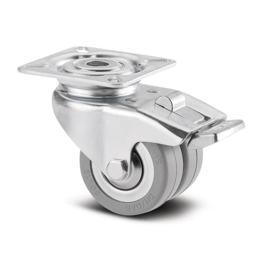 2975DIK050P40 Agila Twin Wheel 50mm Swivel Plate Brake Grey Solid Rubber Castor - 60kg Capacity