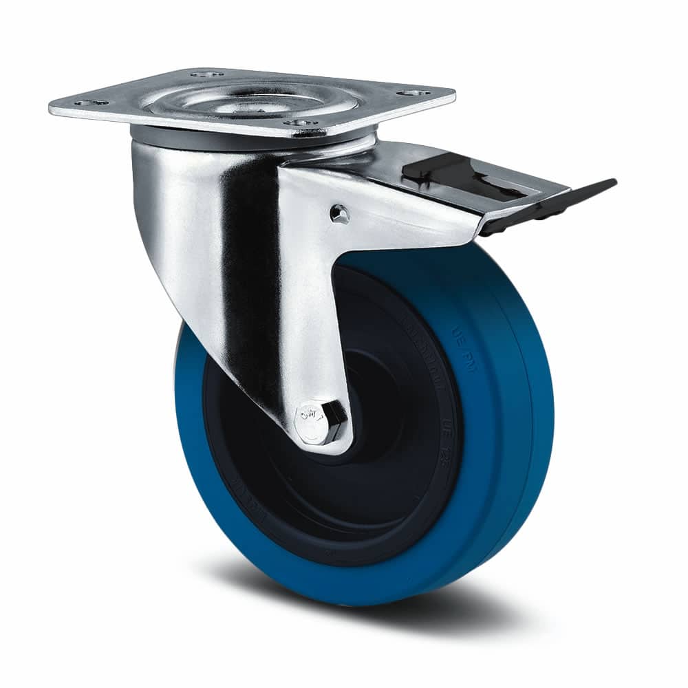 3471UFR100P62B Alpha 100mm Swivel Plate Directional Lock Blue Elastic Rubber Castor - 160kg Capacity