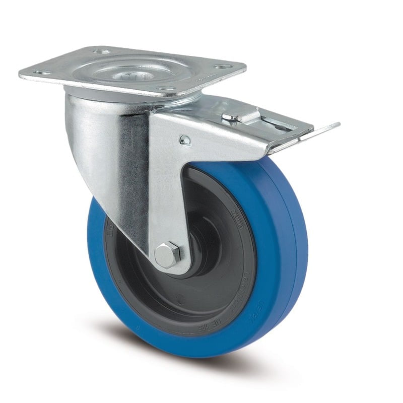 3477UFR125P62B Alpha 125mm Swivel Plate Total Lock Blue Elastic Rubber Castor - 250kg Capacity