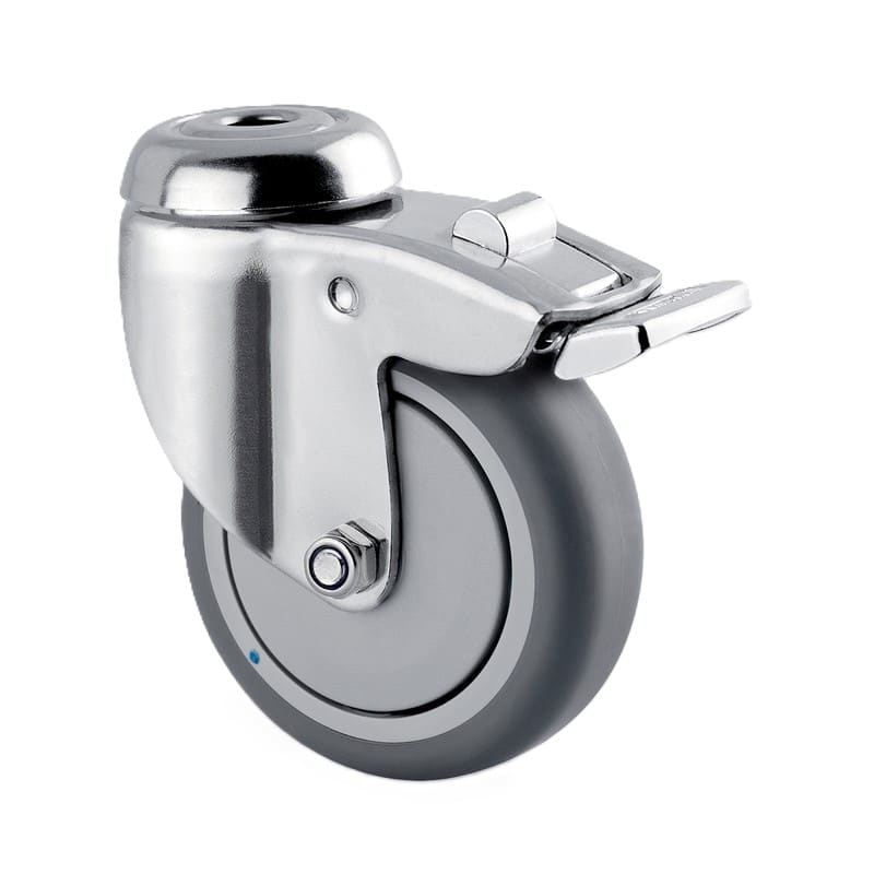 7477PJC075P3011 Agila 75mm Stainless Steel Swivel 11mm Bolt Hole Total Lock Grey Thermoplastic Rubber Castor - 75kg Capacity