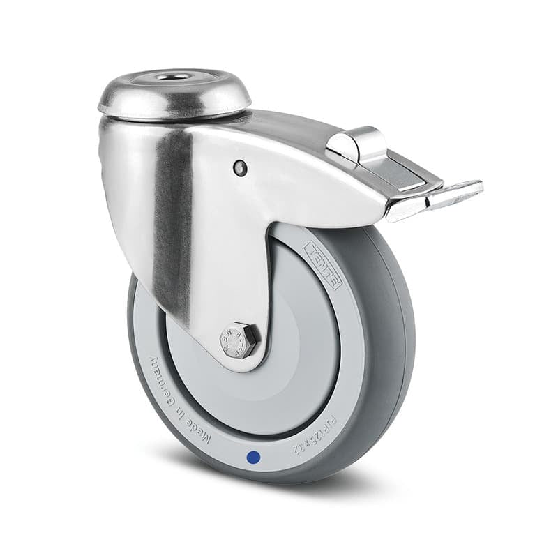 7477PJC125P3011 Agila 125mm Stainless Steel Swivel 13mm Bolt Hole Total Lock Grey Thermoplastic Rubber Castor - 100kg Capacity