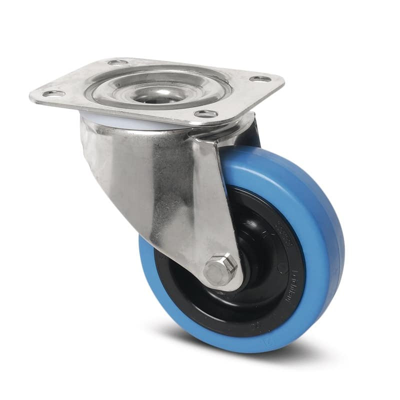 8470UFD100P62B Alpha 100mm Stainless Steel Swivel Plate Blue Elastic Rubber Castor - 160kg Capacity