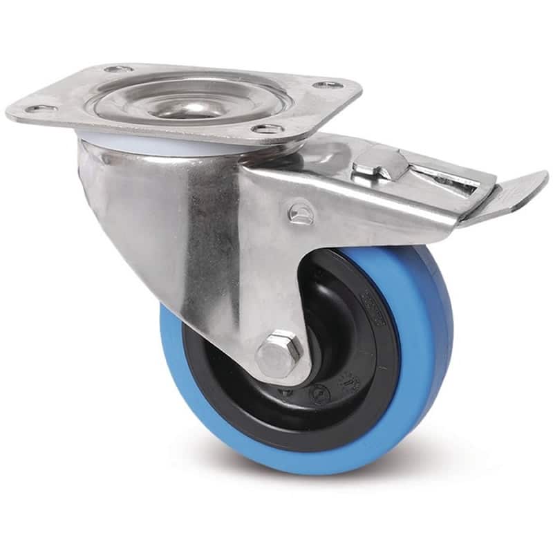8477UFD125P62B Alpha 125mm Stainless Steel Swivel Plate Total Lock Blue Elastic Rubber Castor - 250kg Capacity