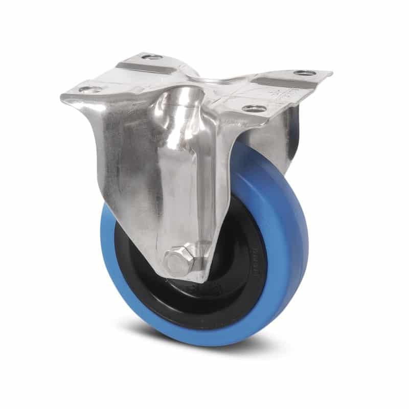 8478UFD100P62B Alpha 100mm Stainless Steel Fixed Plate Blue Elastic Rubber Castor - 160kg Capacity