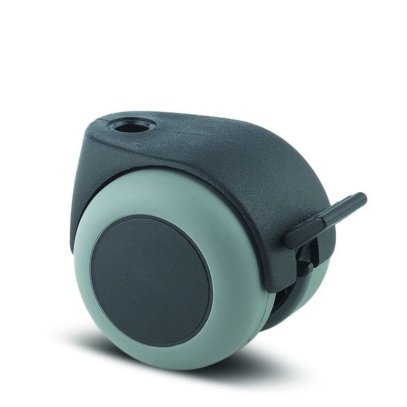 Lumina 50mm Twin Wheel Swivel Brake Blind Hole Grey Thermoplastic Rubber Chair Castor - 40kg Capacity