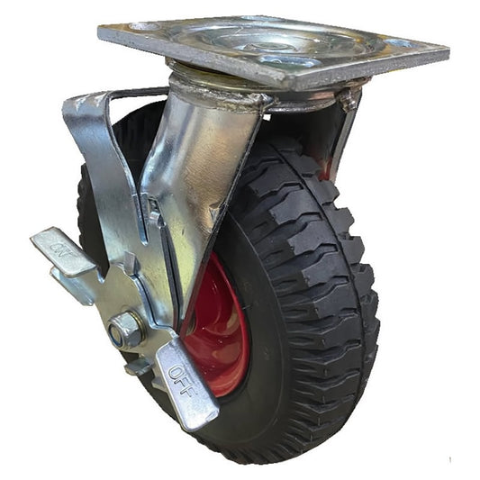 PWCF-250X4SB Pneumatic 220mm Foam Filled Swivel Plate Brake Black Rubber Castor - 75kg Capacity