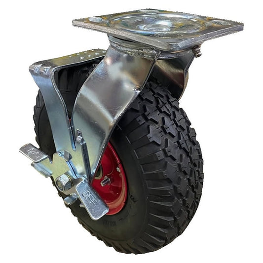 PWCF-350X4SB Pneumatic 264mm Foam Filled Swivel Plate Brake Black Rubber Castor - 100kg Capacity